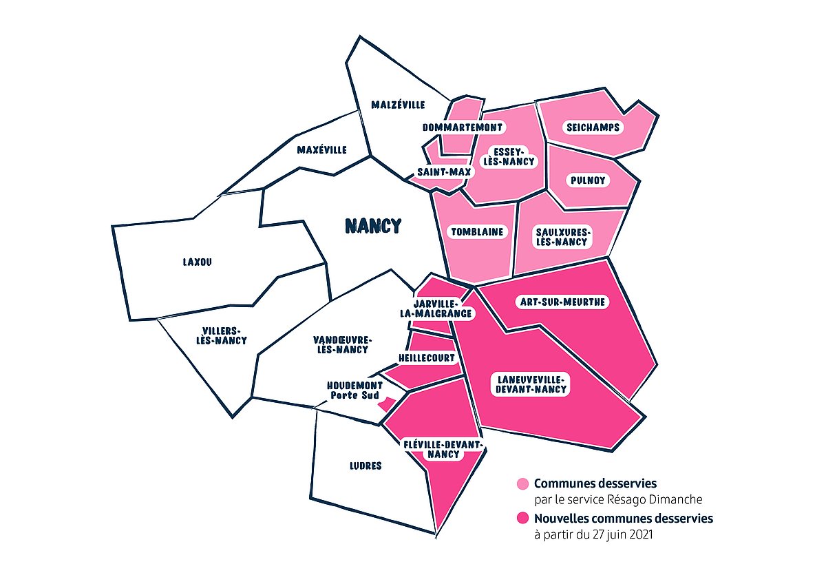 Les communes desservies par le TAD dimanche sont : Art-sur-Meurthe, Dommartemont, Essey-lès-Nancy, Fléville-devant-Nancy, Heillecourt, Houdemont Porte Sud, Jarville-la-malgrange, Laneuveville-devant-Nancy, Pulnoy, Saint-Max, Saulxures-lès-Nancy, Seichamps, Tomblaine.